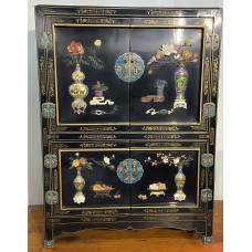 04015 .chinese black lacquer with cloisonne and marble inlay cabinet    ***  SOLD  ***