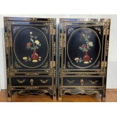 04014 Pair of antique chinese black lacquer with marble inlay small cabinet  ****SOLD***