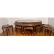 05010 . Chinese antique carved camphor wood coffee table with six stools   ***SOLD***