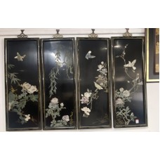 10030 black licquer marble inlay 4 panel wall hanging